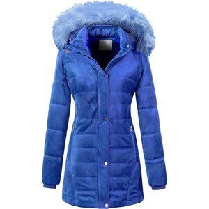 Women's Dark Blue Quilted Puffer Jacket Coat Button Warm Winter Faux Fur Hood